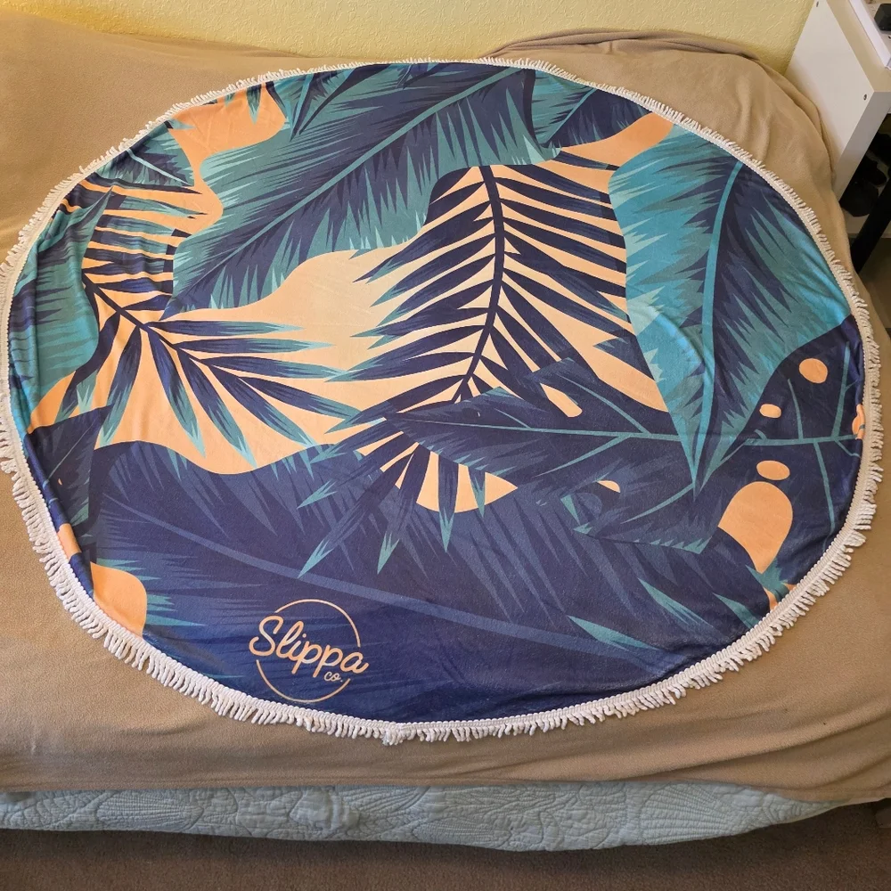 Slippa Co. Tropical Leaf Round Beach Towel - Blue and Orange